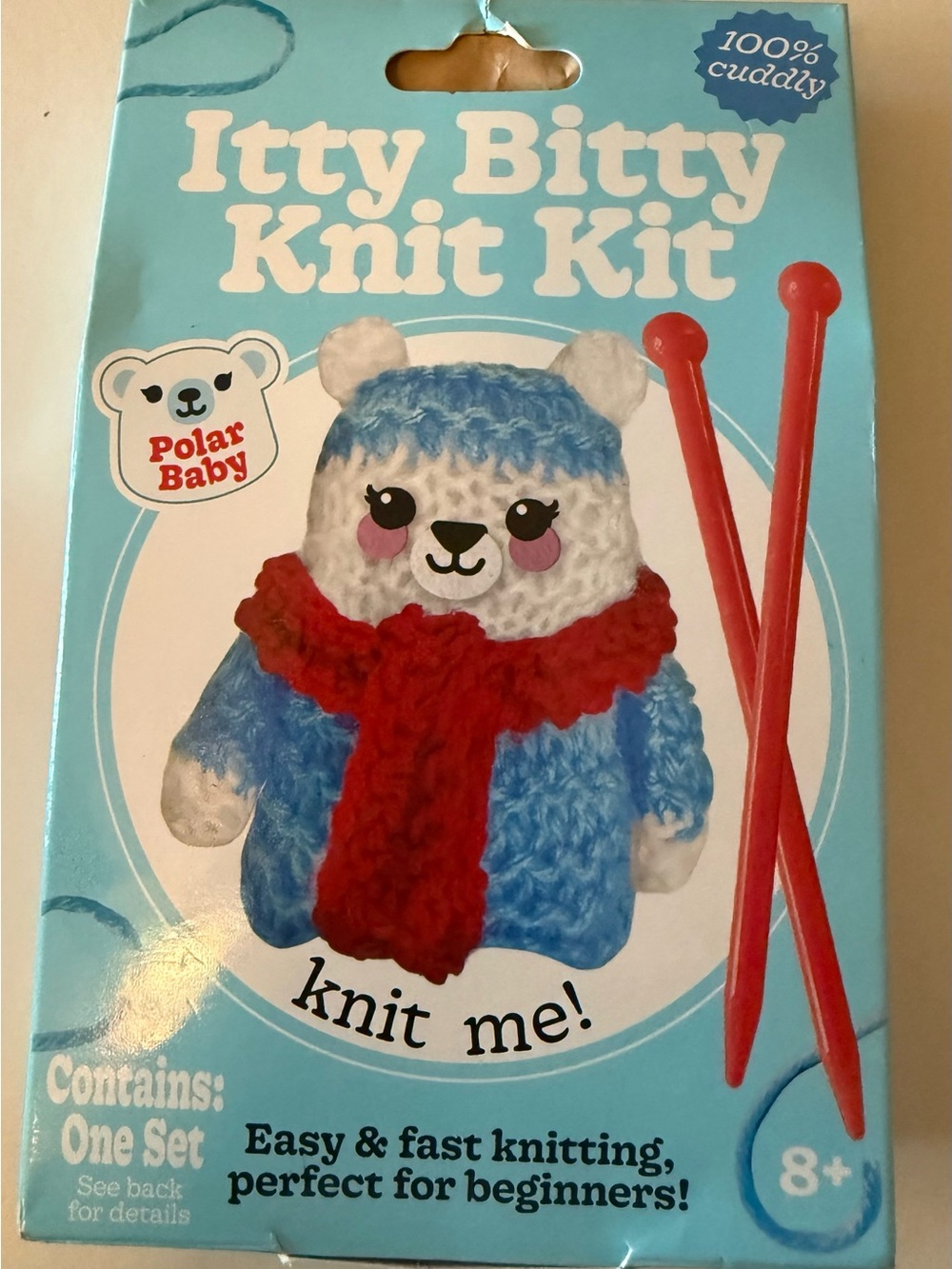 Itty Bitty Knit Kit - Blue Plush Bear with Red Scarf